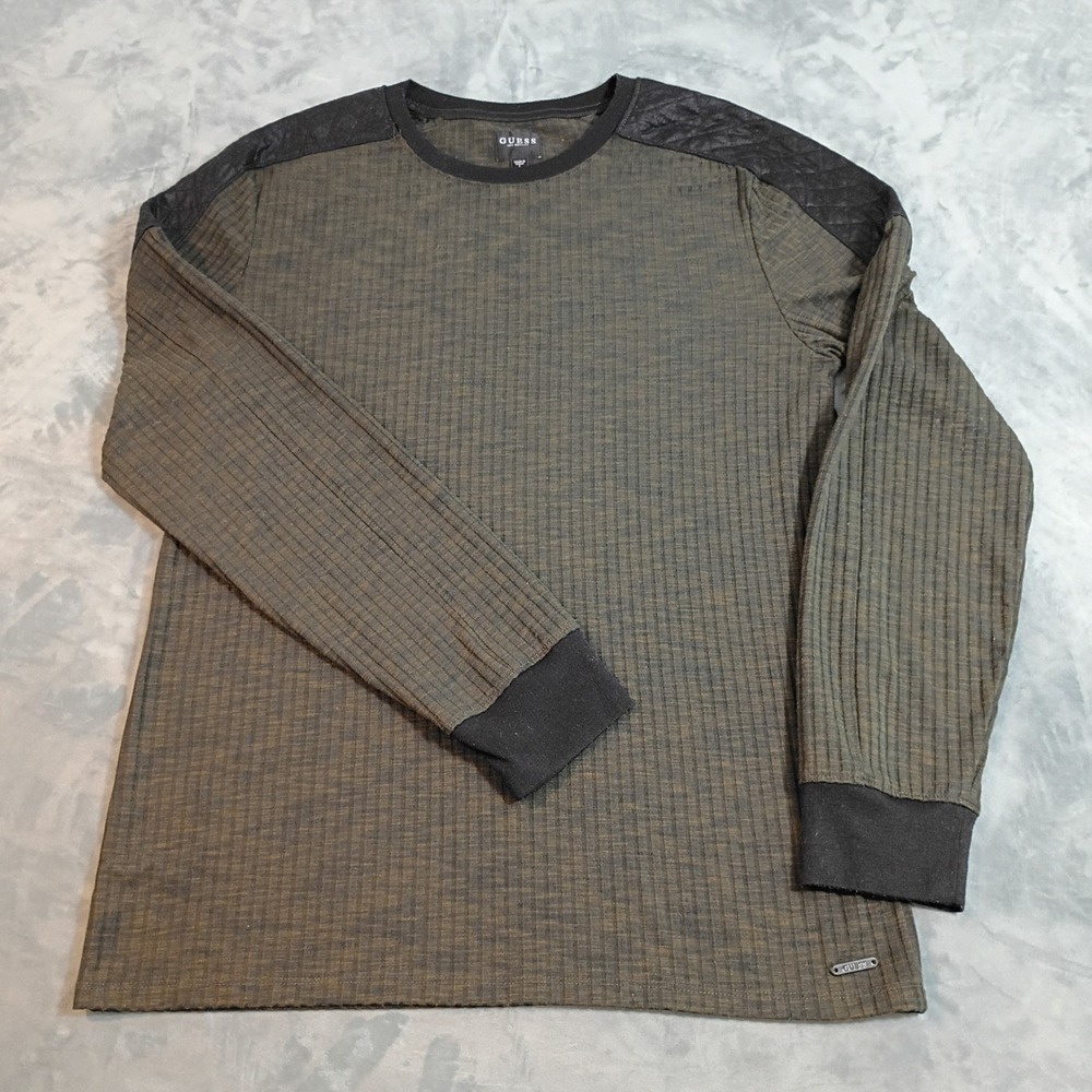 GUESS Mens Large Olive Green Space Dye Thermal Shirt Quilted Shoulder Panels